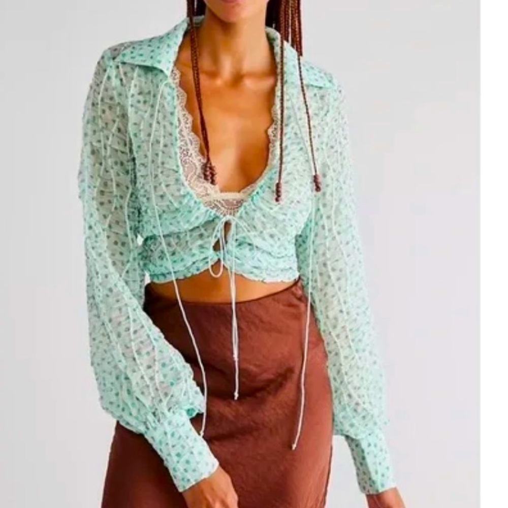 For Love & Lemons x Free People Drea XS & S Green Dot Semi-Sheer Crop Top